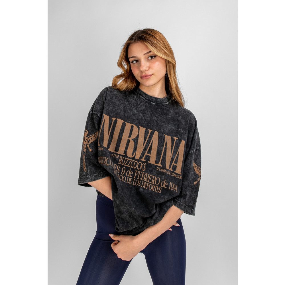 Bak Moda Yıkamalı Nirvana Sırt Baskılı Unisex Oversize Tshirt Standart Beden Bayan T-shirt Fiyatı