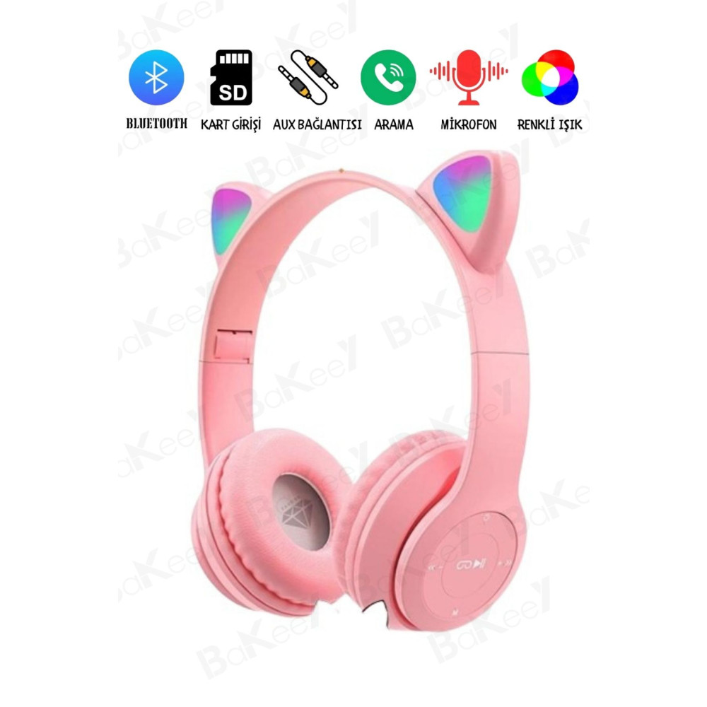 Bakeey Çocuk Kulaklık Kedi Kulak Mikronlu Hafıza Kartı Led Işıklı Aux Kedili Kablosuz Bluetooth Kulaklık Kulak Üstü Kulaklık Fiyatı
