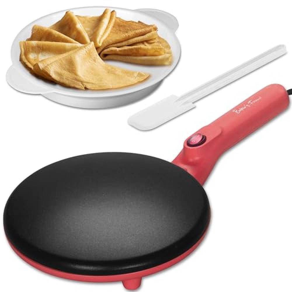 Baker's Friend Instant Crepe Maker with Handle, Electric Crepe Maker Machine, Crepera Electrica, 8 Inch Non-stick Cooking Surface, Raspberry Red