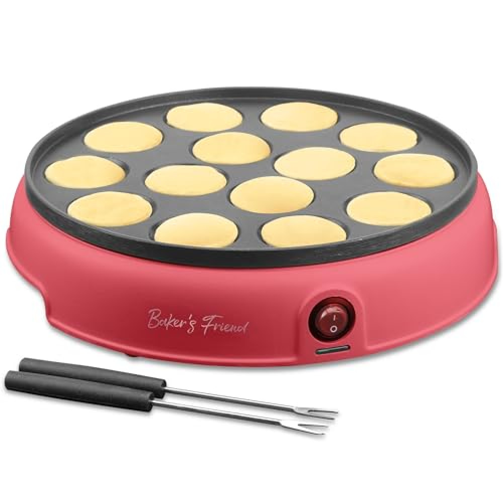 Baker's Friend Mini Pancakes Maker Machine, Dutch Mini Pancake Griddle, 14 Holes Electric Poffertjes Pan, Ideal for Breakfast, Snacks, Desserts & More, Red