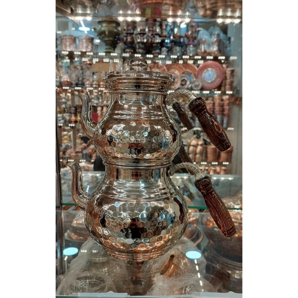 Bakır Center Bakır Çaydanlık & Bakır Demlik El Dövmesi Dövme Desenli Gümüş Bakır Çaydanlık Büyük Aile Boy Çay / Çaydanlık Setleri Fiyatı