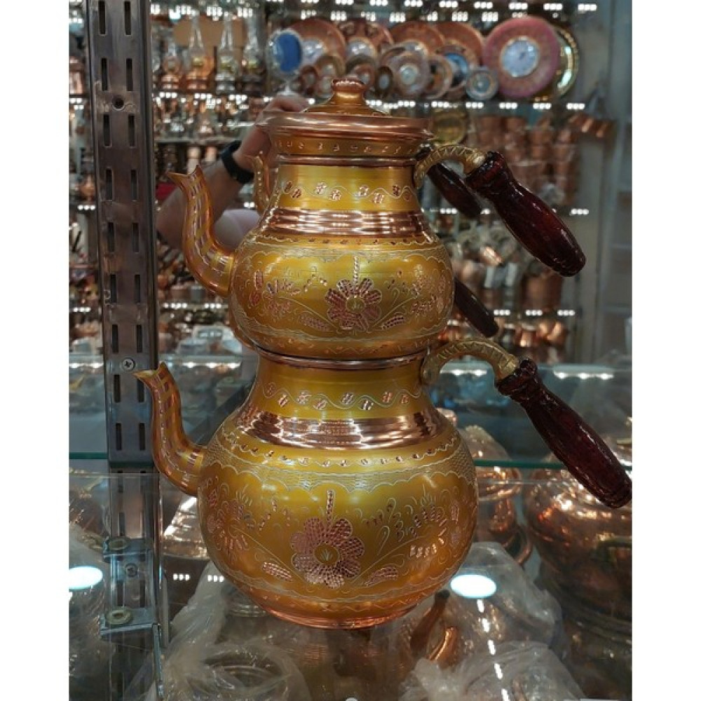 Bakır Center Bakır Çaydanlık El Işlemesi Çiçek Desenli Gold Renk Erzincan Işlemeli Büyük Aile Boy Bakır Demlik Çay / Çaydanlık Setleri Fiyatı