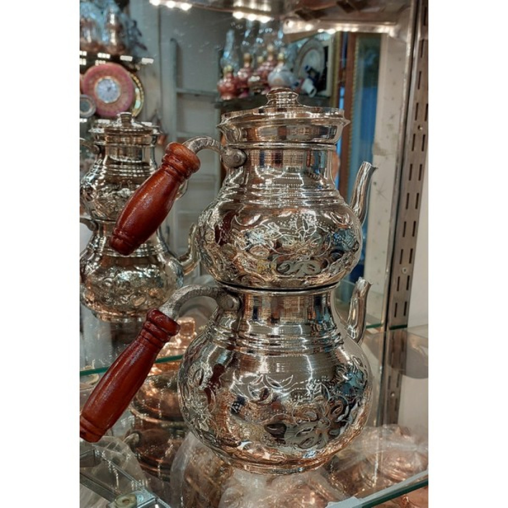Bakır Center Bakır Çaydanlık El Işlemesi Çiçek Desenli Gümüş Bakır Çaydanlık Büyük Aile Boy Bakır Demlik - 0 Çay / Çaydanlık Setleri Fiyatı