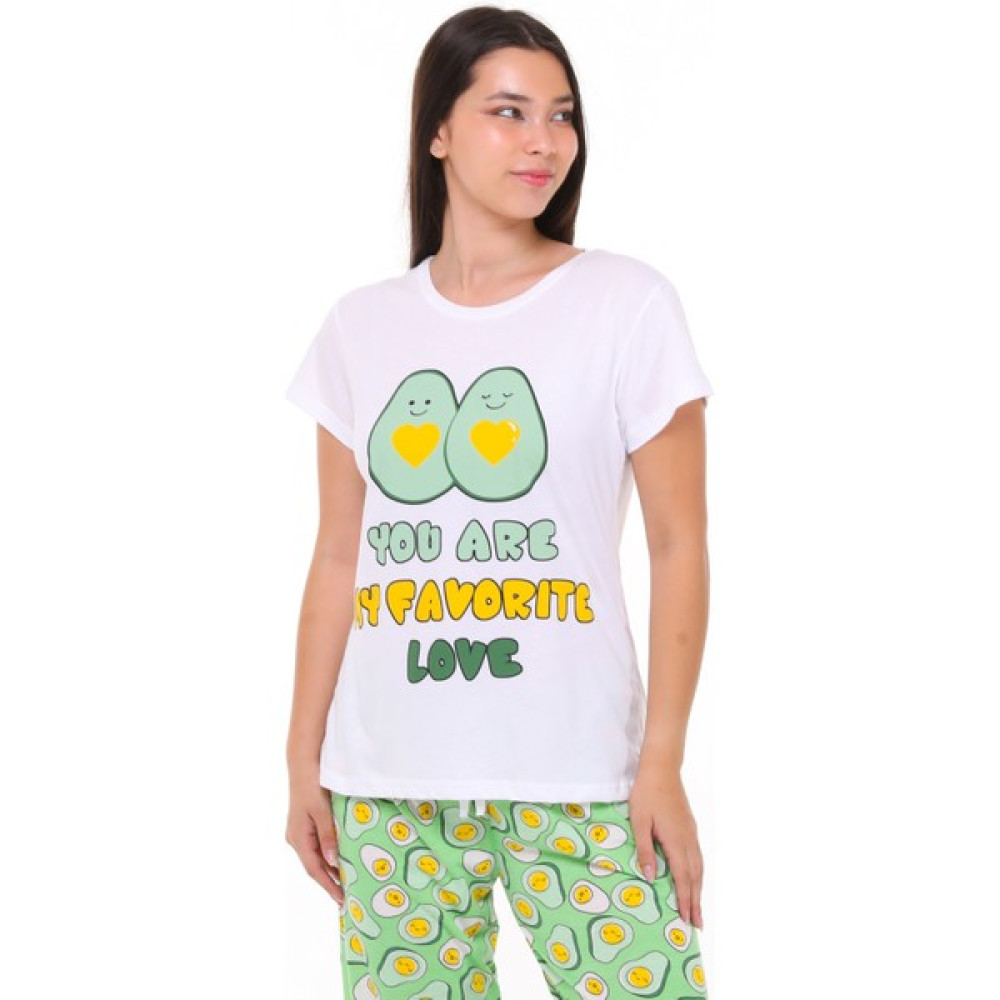 Bak's Store Kadın Beyaz Yeşil Love Avakado Baskılı Tşort Pantolon Takımı Kadın Pantolon Fiyatı