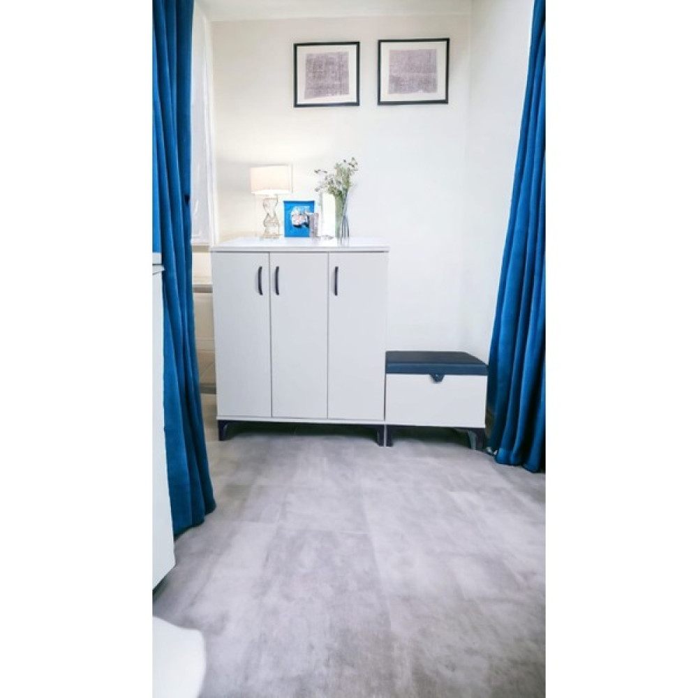 Baku Home 3 Kapaklı Ayakkabılık Dolabı Puflu Oturaklı Ayakkabılık Dolabı - Beyaz Ayakkabılık Fiyatı