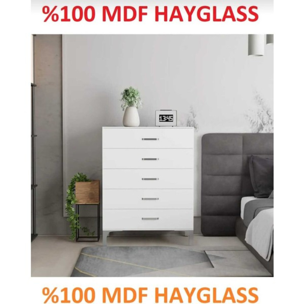 Bakuhome 5 Çekmeceli Mdf Hayglass Şifonyer - Beyaz Şifonyer Fiyatı