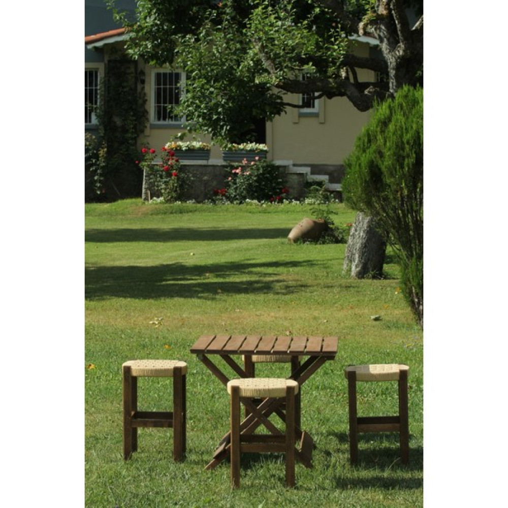 Bal-Kar Ceviz Rengi Ahşap Hasır Örgülü Büyük Boy Tabure ve Masa Seti, Piknik Seti, Balkon Tabure Seti (4 Tabure + 1 Masa) - Kahverengi Bahçe Taburesi Fiyatı