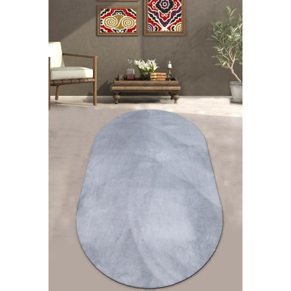 Balat Halı Elips Kalın Yumuşak Kaymaz Taban Açık Gri Peluş Halı - 50 x 80 cm Salon Halısı Fiyatı