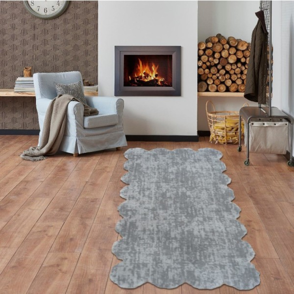 Balat Halı Lazer Kesim Peluş Uzun Tüylü Halı Desenli Açık Gri-80x150 cm - 80 x 150 cm - Gri Salon Halısı Fiyatı