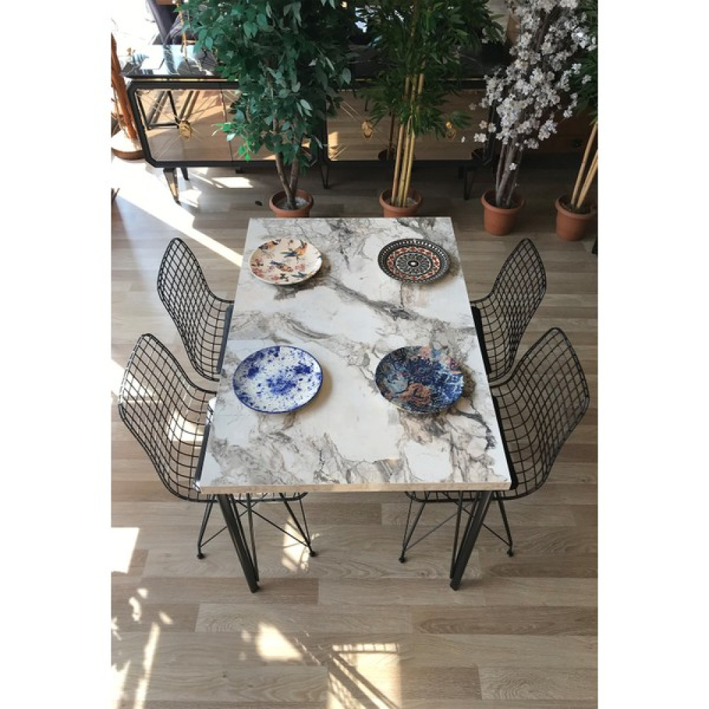 Balkon Masası + 4 Sandalye Beyaz Mermer 120-80 Masa - Sandalye Seti / Takımı Fiyatı