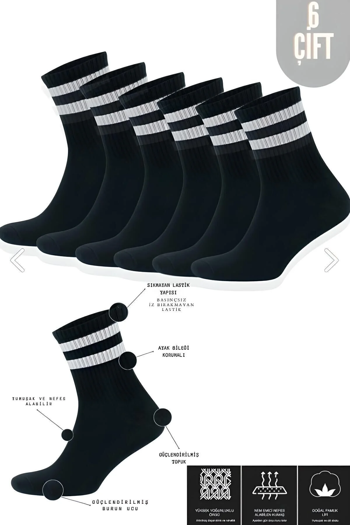 Ballet Unisex Siyah Çizgili Kolej Çorap 6lı (Pamuk) 36 - 40 Beden" Çorap (Outdoor) Fiyatı