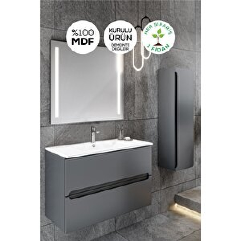 Balneom Banyo Kadife Antrasit Mat Hıgh Gloss 100 Cm Banyo Dolabı Ledli Aynalı Üst Dolap Boy Dolabı Banyo Dolabı / Mobilyası Fiyatı