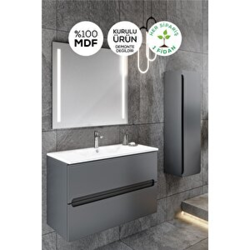 Balneom Banyo Kadife Antrasit Mat High Gloss 80 Cm Banyo Dolabı Ledli Aynalı Üst Dolap Boy Dolabı Banyo Dolabı / Mobilyası Fiyatı