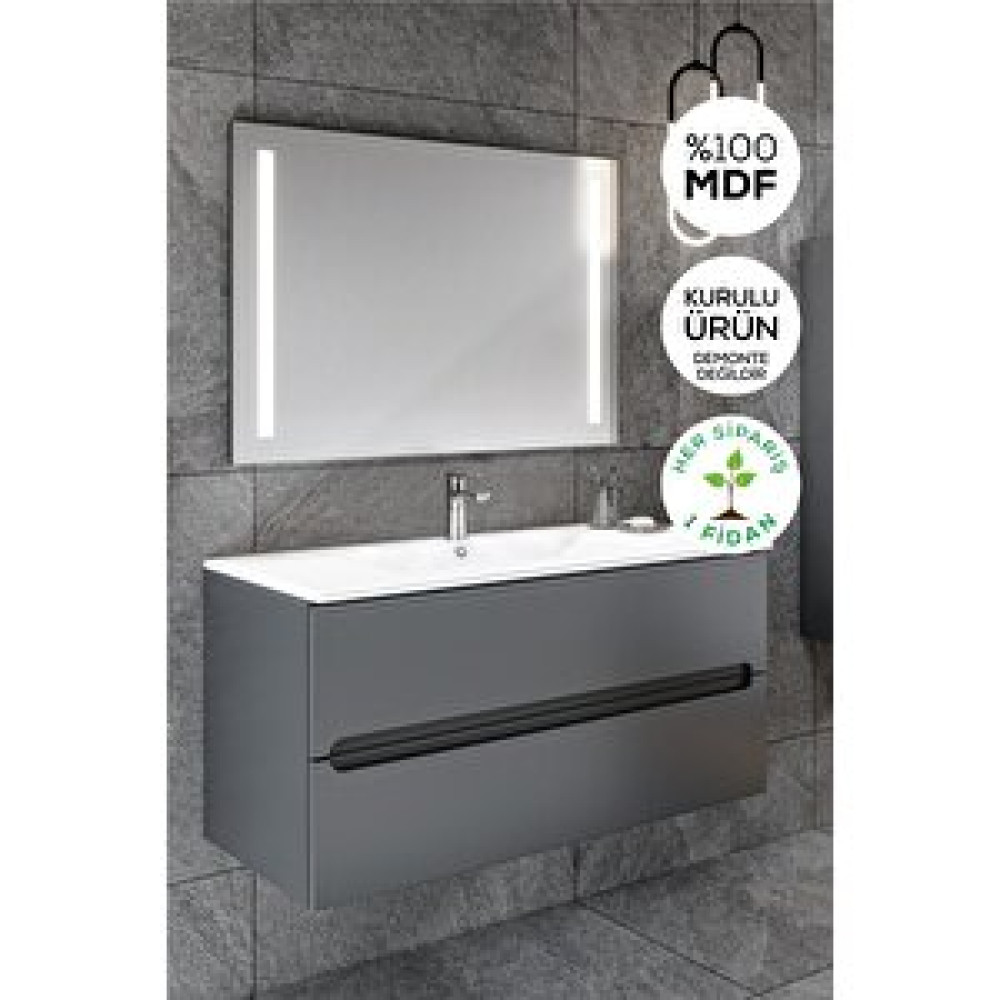 Balneom Banyo Kadife Antrasit Soft Mat Hıgh Gloss 100 Cm Banyo Dolabı Led Işıklı Aynalı Üst Dolap Banyo Dolabı / Mobilyası Fiyatı