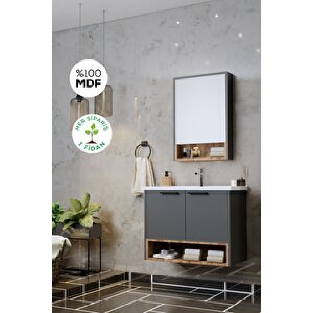 Balneom Banyo Karanfil 65 Cm Antrasit Lavabolu Banyo Dolabı Aynalı Üst Dolap Banyo Dolabı / Mobilyası Fiyatı