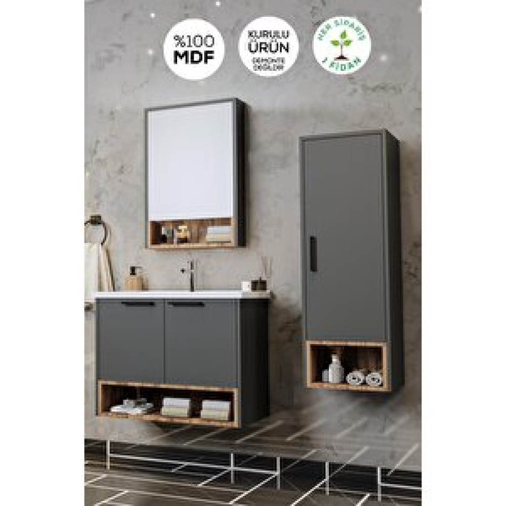 Balneom Banyo Karanfil 65 Cm Antrasit Lavabolu Banyo Dolabı Aynalı Üst Dolap Ve Boy Dolabı Banyo Dolabı / Mobilyası Fiyatı