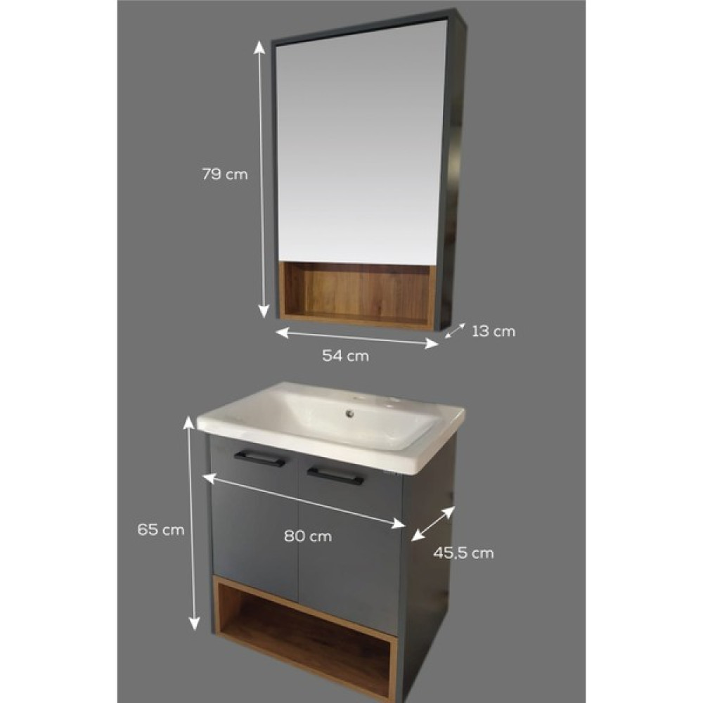 Balneom Banyo Karanfil 80 cm Antrasit Lavabolu Banyo Dolabı Aynalı Üst Dolap Banyo Dolabı / Mobilyası Fiyatı