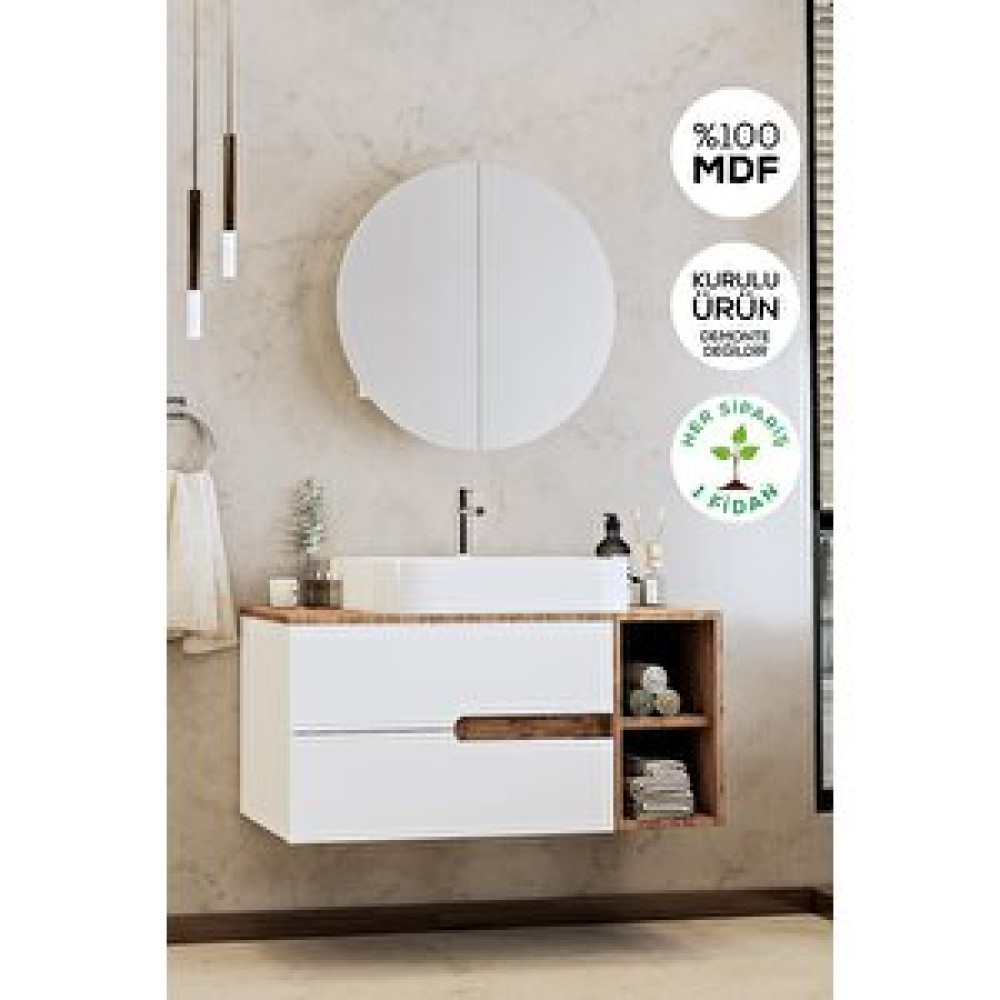 Balneom Banyo Koza 80 Cm Beyaz Banyo Dolabı Aynalı Dolaplı Üst Dolap Raf Ve Lavabo Banyo Dolabı / Mobilyası Fiyatı
