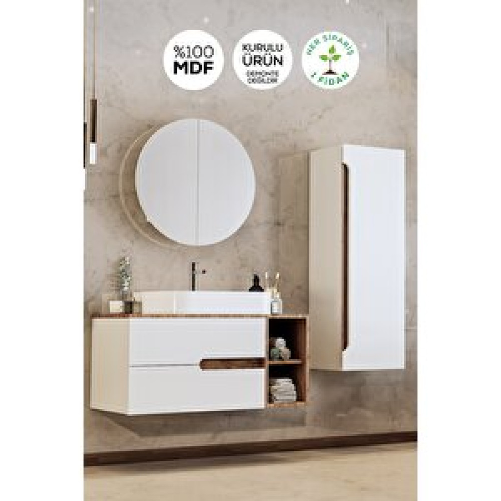 Balneom Banyo Koza 80 Cm Beyaz Banyo Dolabı Aynalı Dolaplı Üst Dolap Raf Ve Lavabo Ve Boy Dolap Banyo Dolabı / Mobilyası Fiyatı
