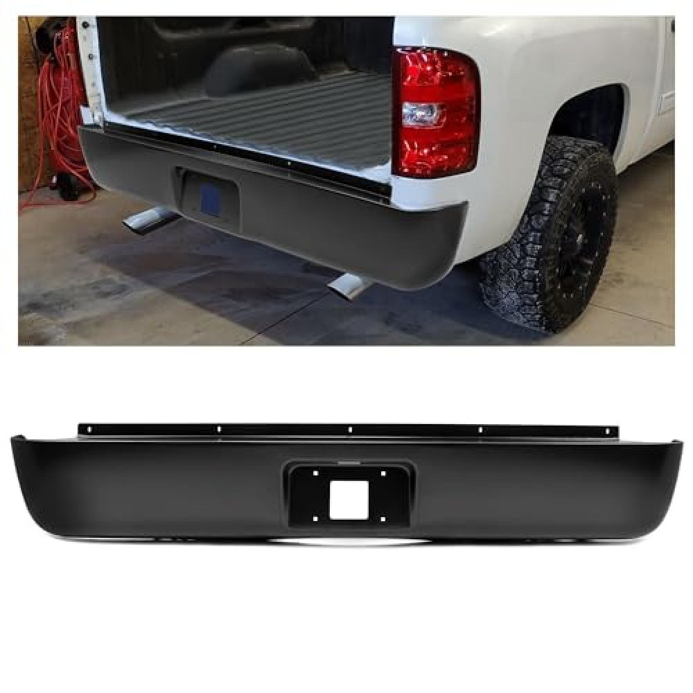 BALOCEO Rear Roll Pan Compatible with 2007-2013 Chevy Chevrolet Silverado GMC Sierra 1500 2500 3500 Fleetside Styleside Bed Truck Rear Roll Pan Bumper Steel W/License Light Steel Electrophoresis Black