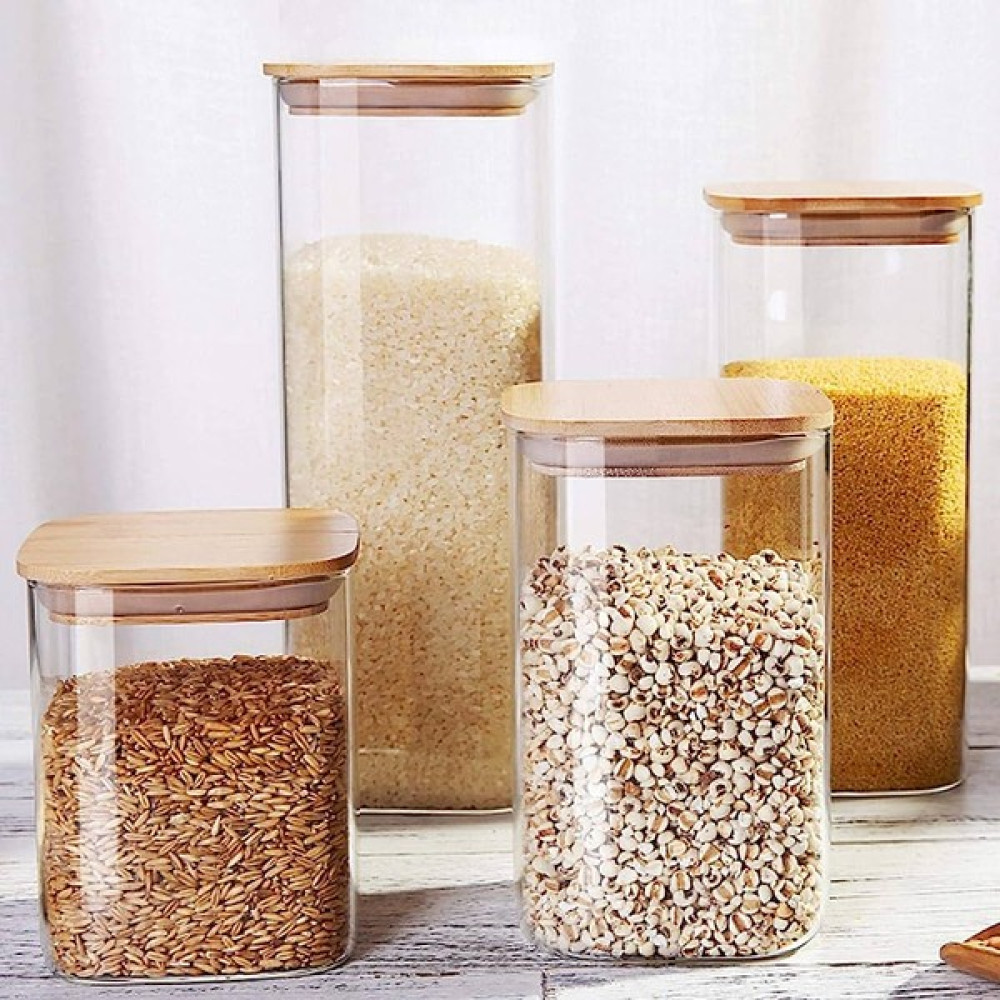 Balsa Bambu Kapaklı Vakumlu Cam Kavanoz 4'lü Set - Kahverengi - 1400 ml Saklama Kapları Fiyatı
