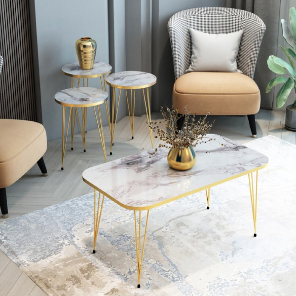 Bambeds Mobilya Beyaz Mermer Sehpa Takımı Gold Kenar Komple Set - Beyaz Mermer Gold Zigon Sehpa Fiyatı
