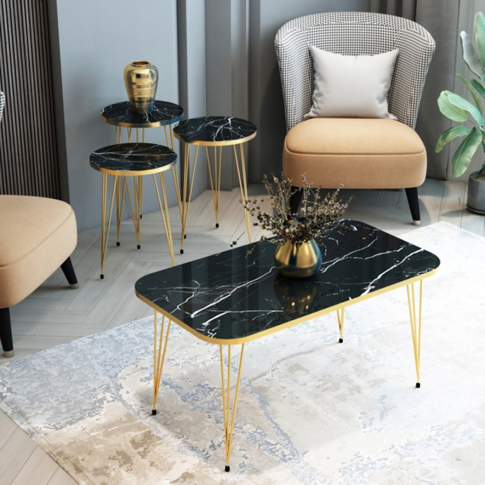 Bambeds Mobilya Siyah Mermer Gold Kenar Orta Sehpa ve Zigon Sehpa Set Takım - SİYAH MERMER Zigon Sehpa Fiyatı