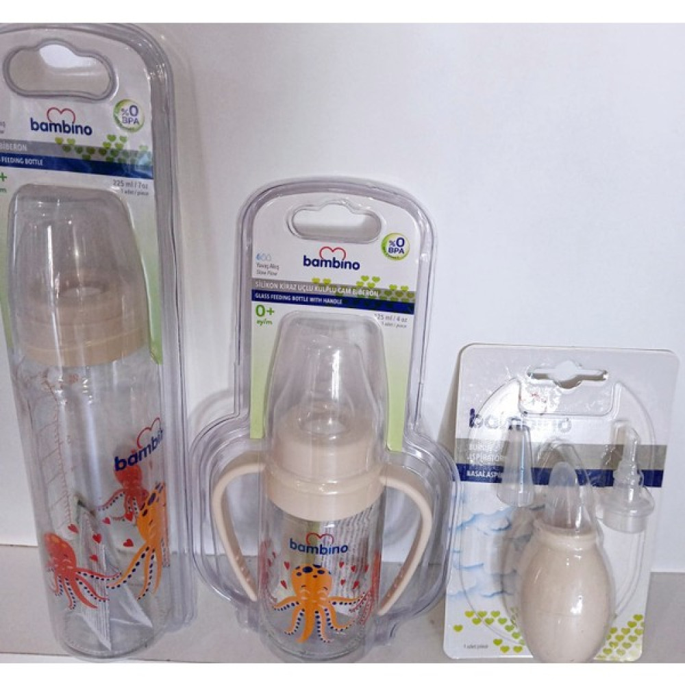 Bambino 225 ml Cam BİBERON+125MLCAM Kulplu Biberon+ Burun Aspiratörü Biberon Fiyatı