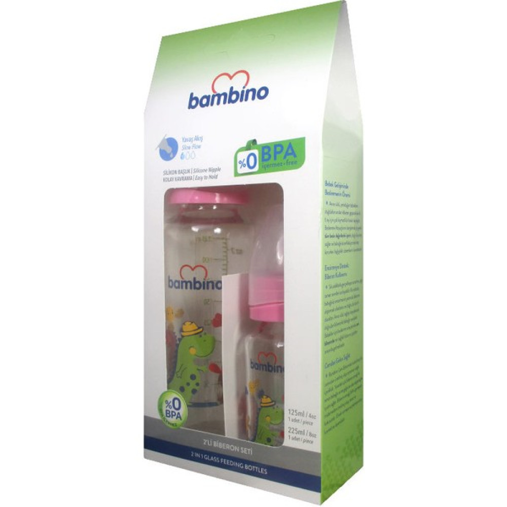 Bambino 2li Biberon Seti Yavaş Akış - Pembe - Dinazor Desenli - Açık Mavi - 10 ml Biberon Fiyatı