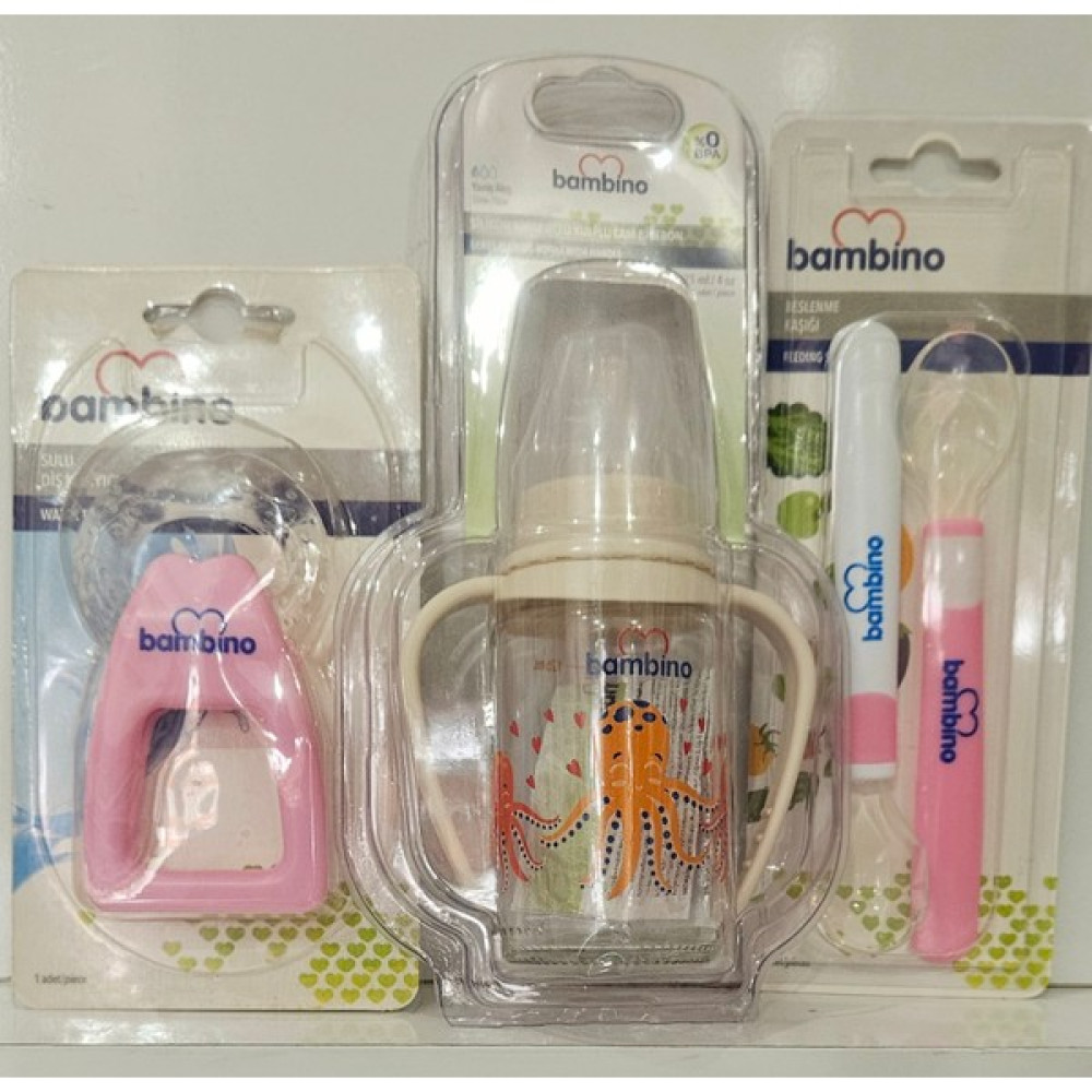 Bambino 3'lü Set (125 cc Kulplu Cam Biberon+Sulu Diş Kaşıyıcı+ 2 Li Silikon Kaşık) Biberon Fiyatı