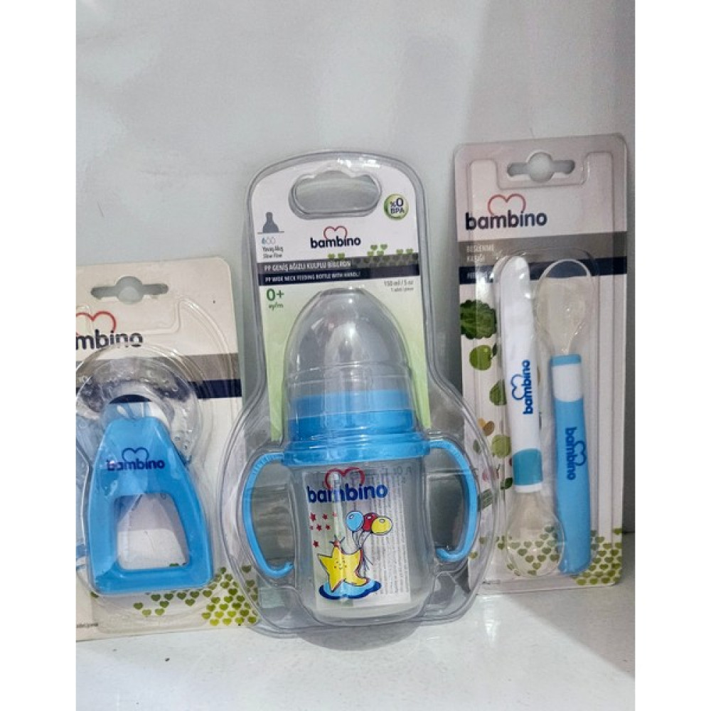Bambino Pp Geniş Ağızlı Kulplu Biberon 150ML+ Sulu Diş Kaşıyıcı+2li Silikon Kaşık Biberon Fiyatı