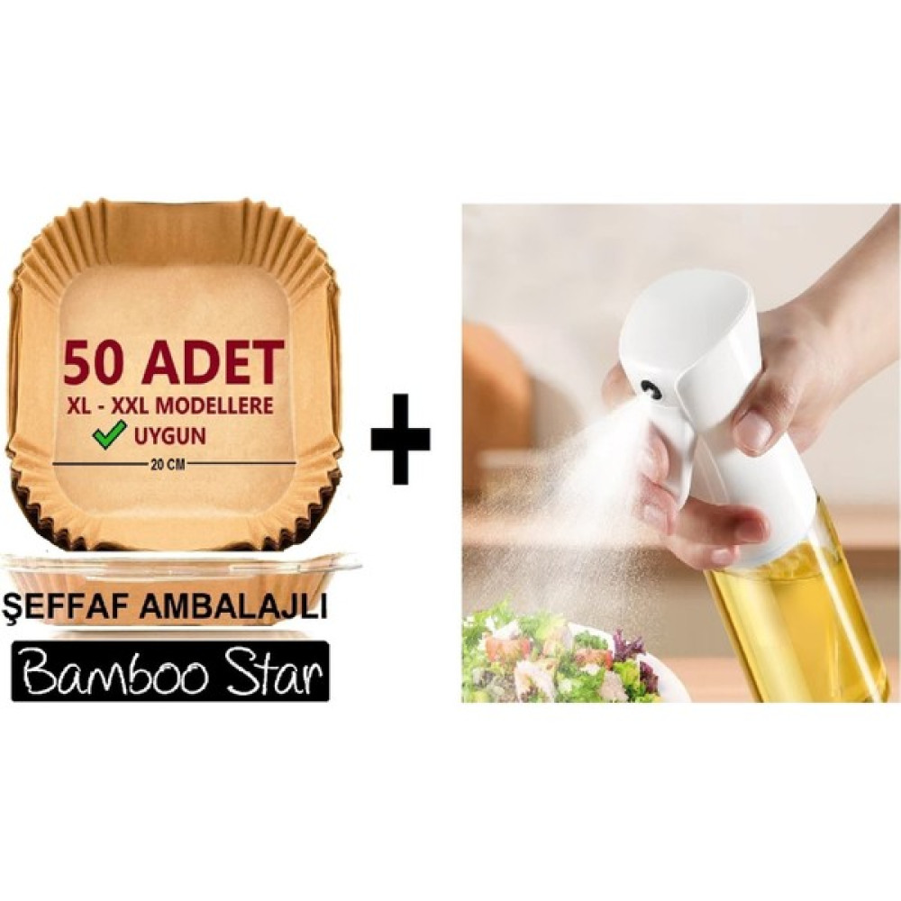 Bamboo Star Airfryer Pişirme Kağıdı 50'li Kare Büyük Boy ve Sprey Yağdanlık Seti 2'li Set Pişirme Kağıdı Fiyatı