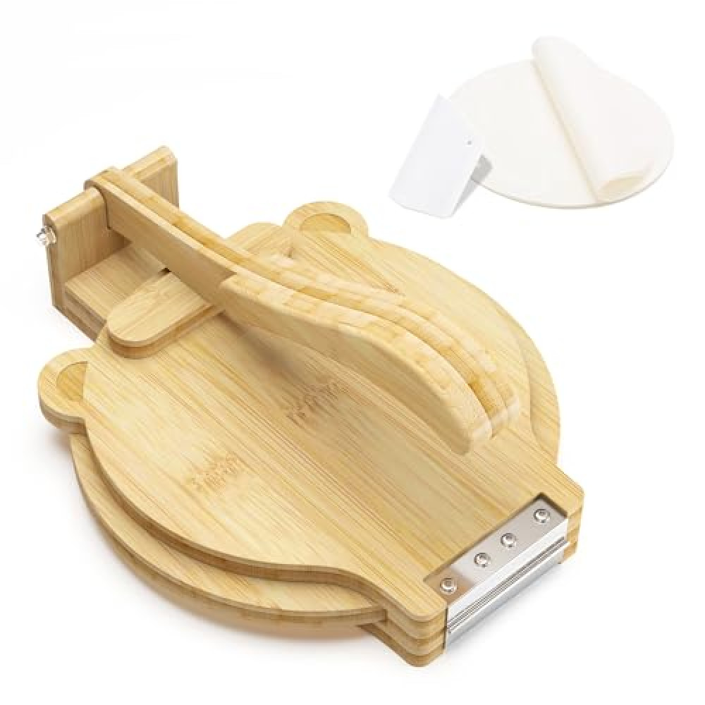Bamboo Tortilla Press 10 inch Quesadilla Maker Wooden Corn Tortilla Maker Rotatable Roti Maker with 50Pcs Parchment Paper & Dough Cutter for Flour Mexican Taco Pataconera Dough Press (4.5"-10")