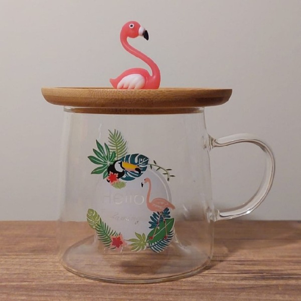 Bambu Kapaklı Flamingo Figürlü Cam Kupa Fincan / Bardak / Kahve Takımı Fiyatı
