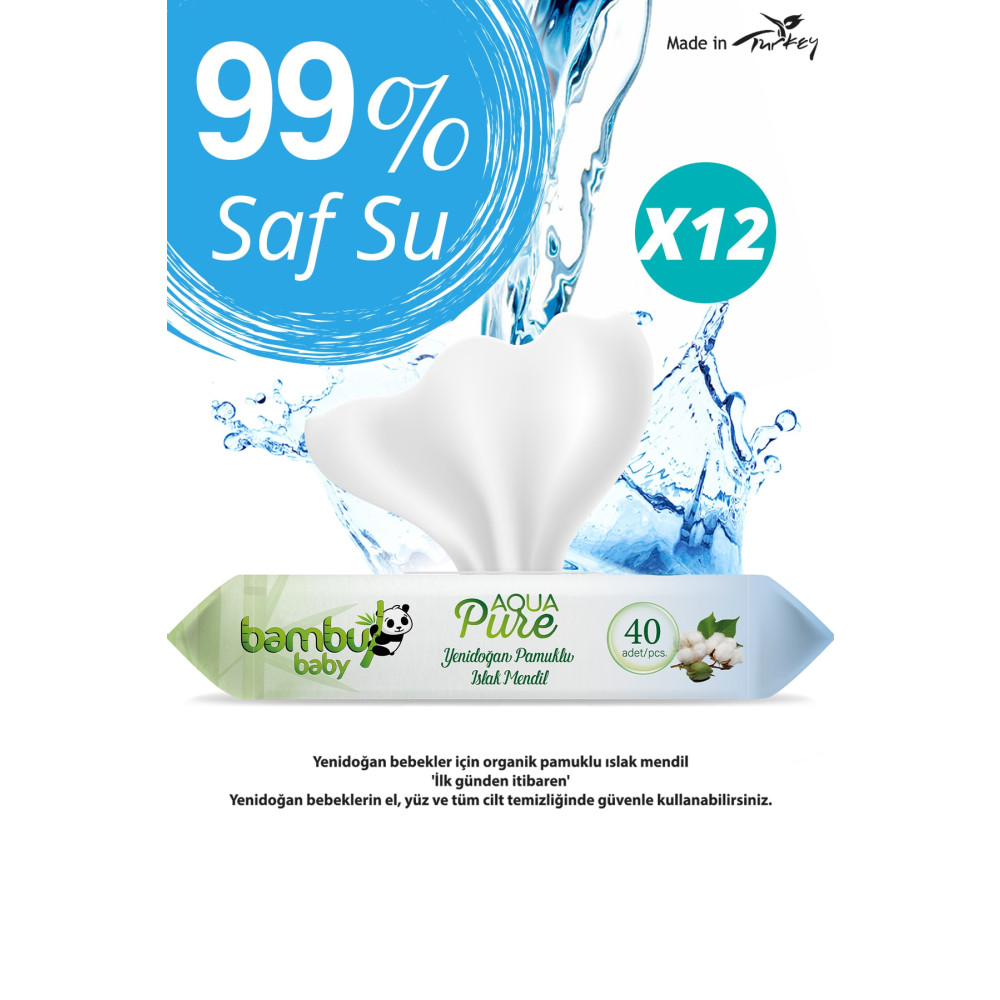 bambubaby Aqua Pure Yenidoğan Islak Havlu Kapaklı 12x40 Yaprak Bebek Mendil-Islak Mendil Fiyatı