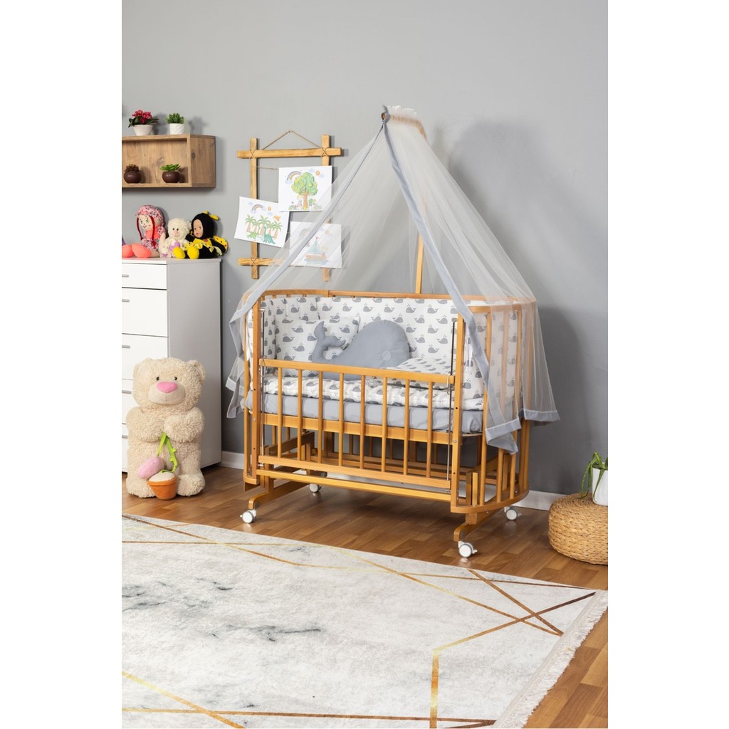Bamgidoo Ahşap Beşik Anne Yanı Beşik Doğal (Vernikli) 60X120 Gri Balina Uyku Seti Yatak Tekerlekli - Kahverengi Bebek Oyun Parkı & Beşikleri Fiyatı