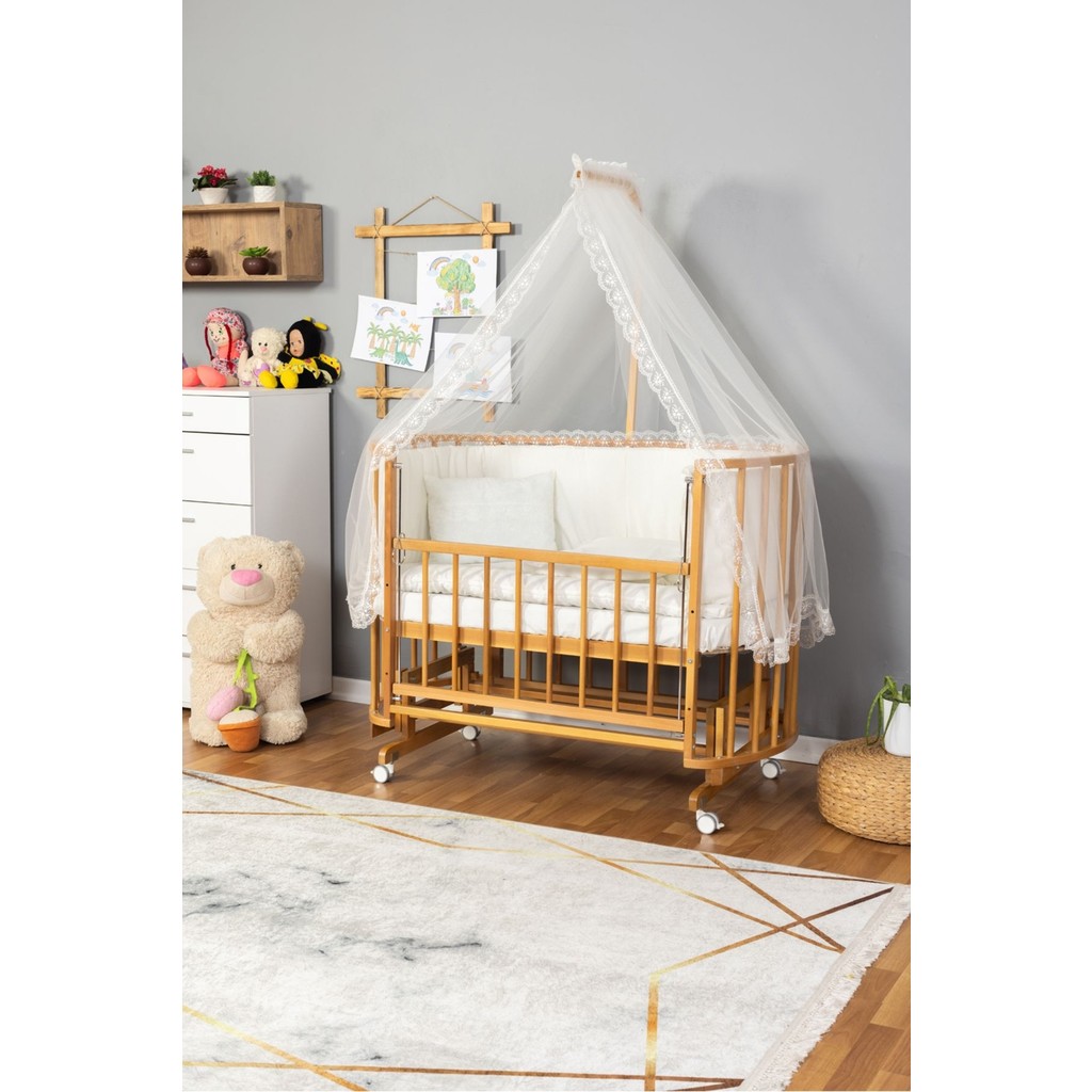 Bamgidoo Ahşap Beşik Anne Yanı Beşik Doğal (Vernikli) 60X120 Krem Güpür Uyku Seti Yatak Tekerlekli - Essential Grey Bebek Oyun Parkı & Beşikleri Fiyatı
