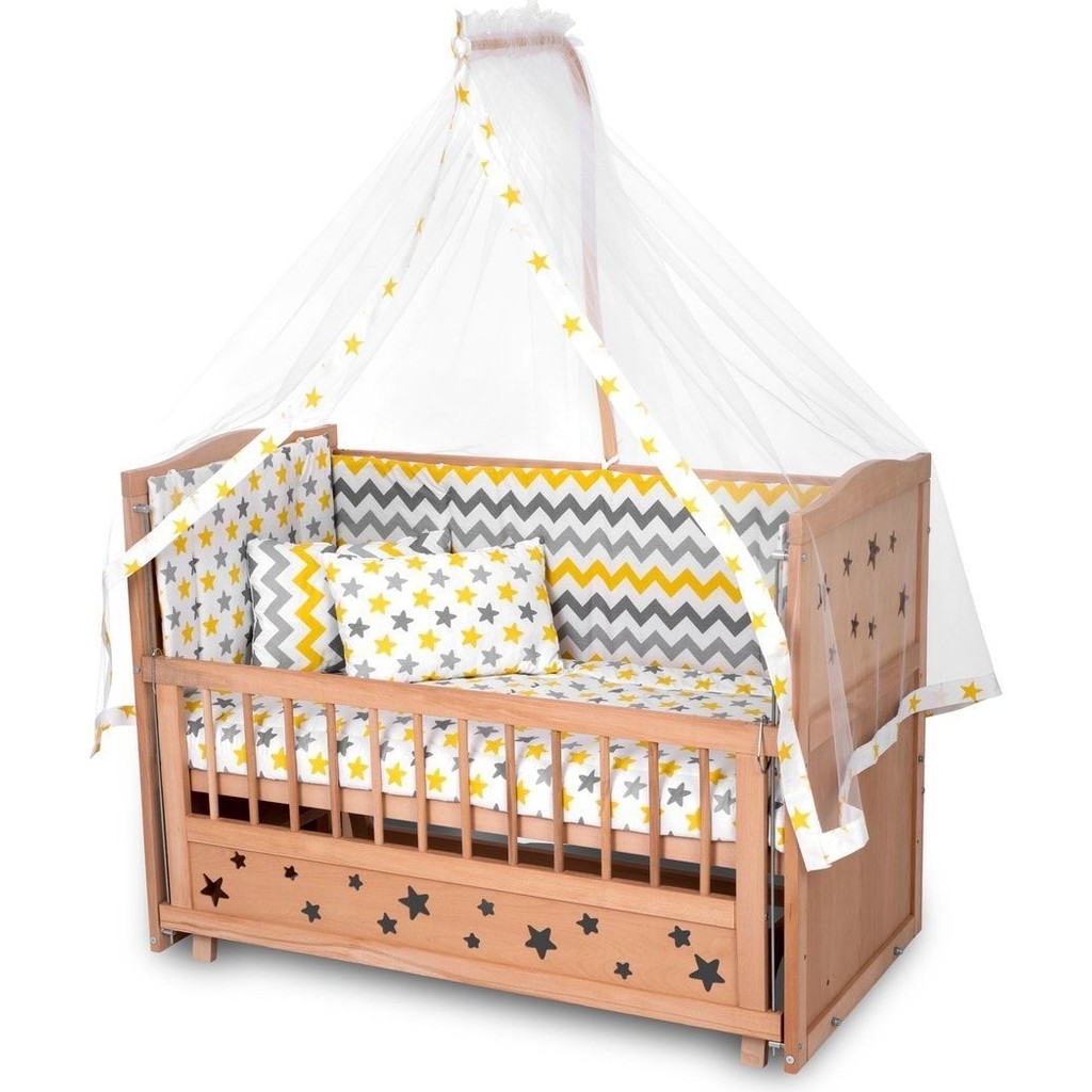 Bamgidoo Ahşap Beşik Anne Yanı Beşik Organik (Boyasız) 60X120 - Sarı Yıldız Çift Yastıklı Uyku Seti Yatak - Ceviz - Mavi Yastık Kılıfı Fiyatı