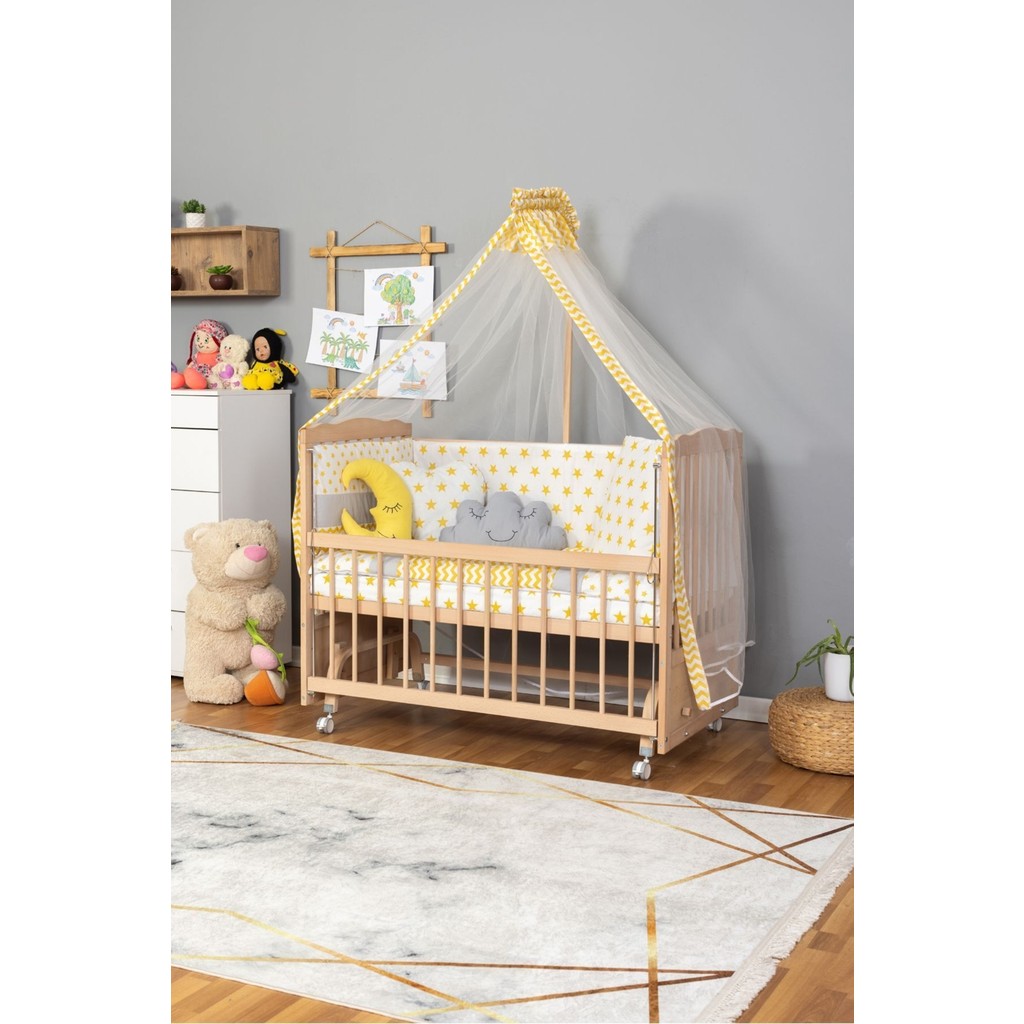 Bamgidoo Ahşap Beşik Anne Yanı Beşik Organik (Boyasız) 60X120 - Sarı Yıldız Uyku Seti Yatak Tekerlekli Bebek Oyun Parkı & Beşikleri Fiyatı