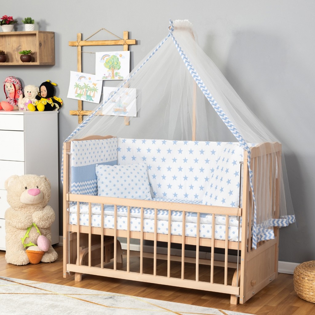 Bamgidoo Ahşap Beşik Anne Yanı Beşik Organik(Boyasız) 60X120-MAVI Yıldız Tek Yastık Uyku Seti + Yatak - Açık Lacivert Yastık Kılıfı Fiyatı