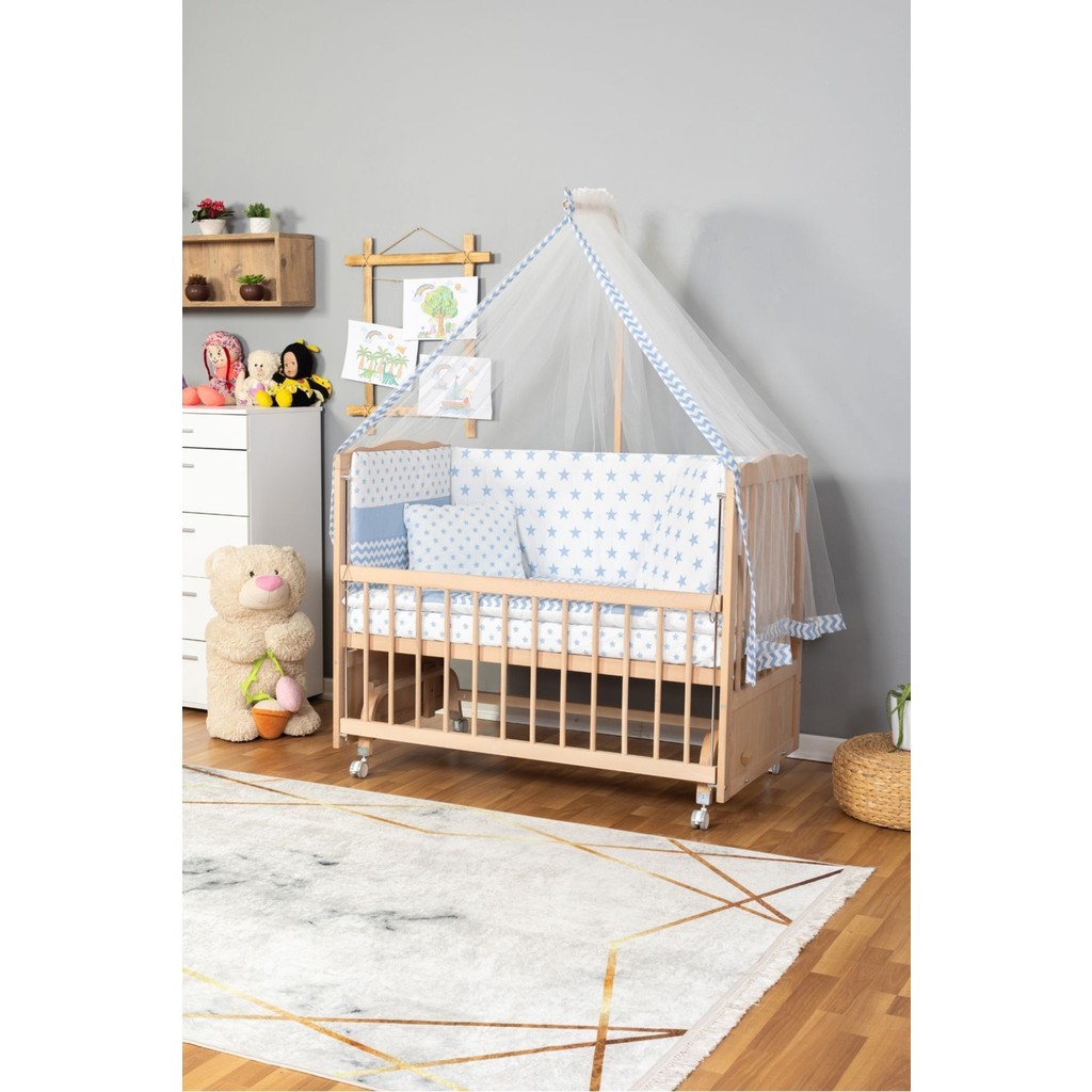 Bamgidoo Ahşap Beşik Anne Yanı Beşik Organik(Boyasız) 60X120-MAVI Yıldız Tekyastık Uykuseti Yatak Tekerlekli - Naturel Evcil Hayvan Ürünleri Fiyatı