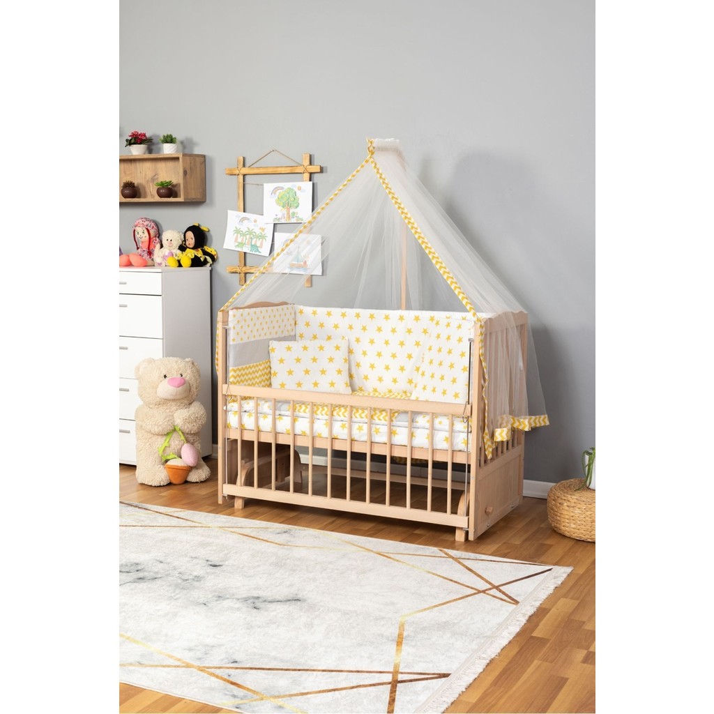 Bamgidoo Ahşap Beşik Anne Yanı Beşik Organik(Boyasız) 60X120-SARI Yıldız Tek Yastık Uyku Seti + Yatak Yastık Kılıfı Fiyatı