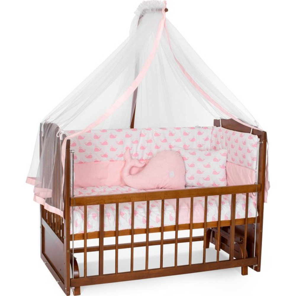 Bamgidoo Ahşap Ceviz Renk Anne Yanı Beşik 3 Kademeli Sallanan Ahşap Beşik 60 x 120 cm - Pembe Balina Uyku Setli & Soft Yataklı Beşik Fiyatı