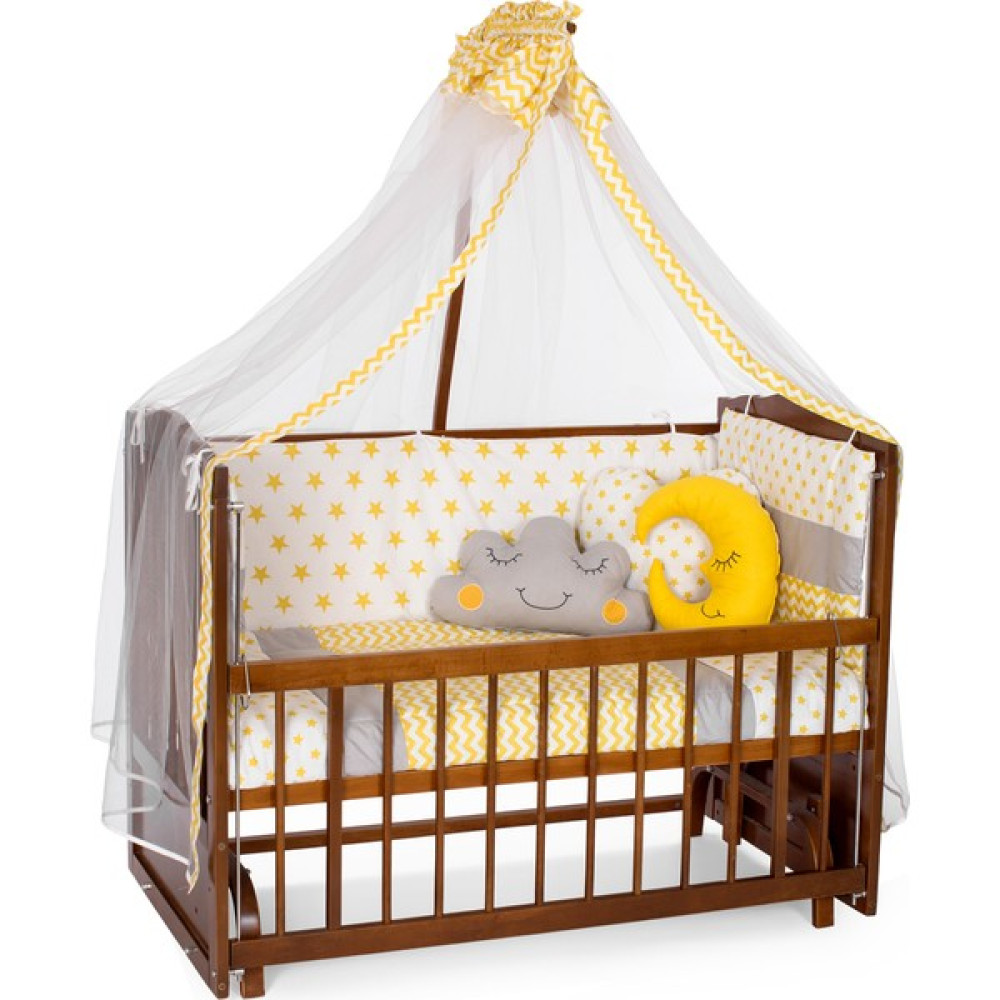 Bamgidoo Ahşap Ceviz Renk Anne Yanı Beşik 3 Kademeli Sallanan Ahşap Beşik 60 x 120 cm - Sarı Yıldız Uyku Setli & Soft Yataklı Beşik Fiyatı