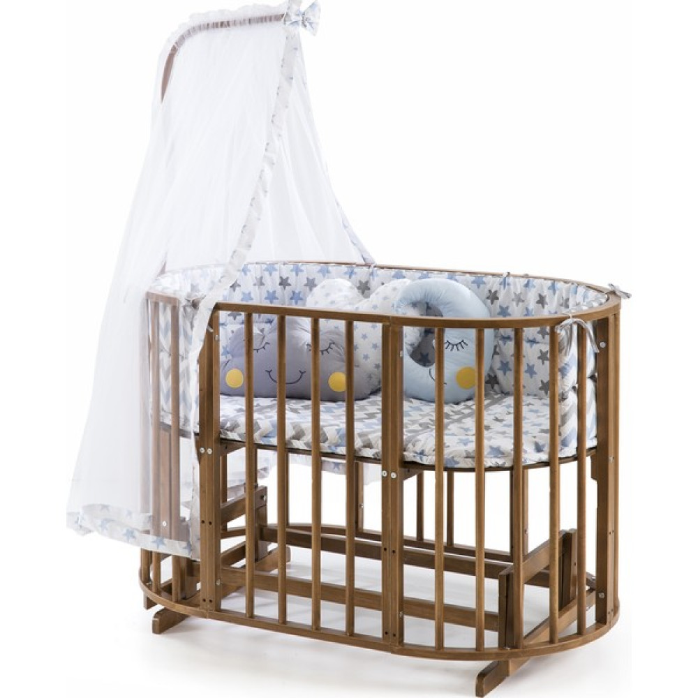 Bamgidoo Ahşap Ceviz Renk Play Stokke 7 in 1 Sepet Beşik, Anne Yanı Beşik, Karyola, Alt Değiştirme Sehpası, Masa, Sandalye - Mavi Yıldız Uyku Seti ... Beşik Fiyatı
