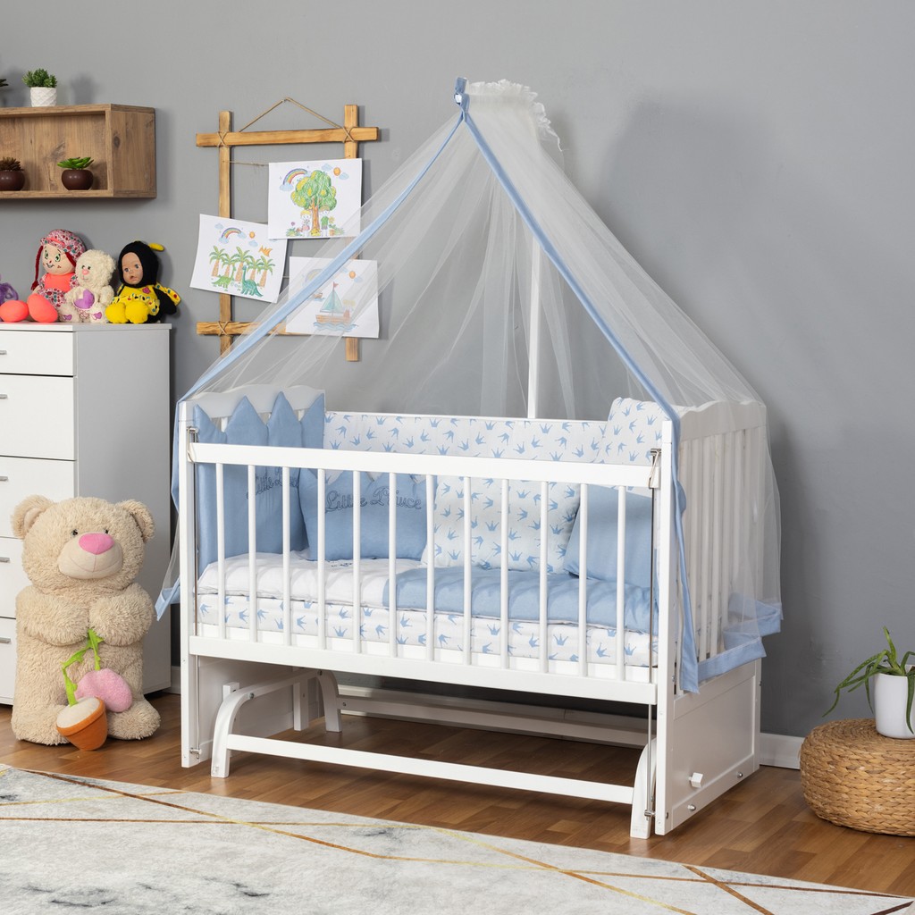 Bamgidoo Ahşap Lake Beyaz Renk Anne Yanı Beşik 3 Kademeli Sallanan Ahşap Beşik 60 x 120 cm - Mavi Prens Uyku Setli & Soft Yataklı Bebek Oyun Parkı & Beşikleri Fiyatı