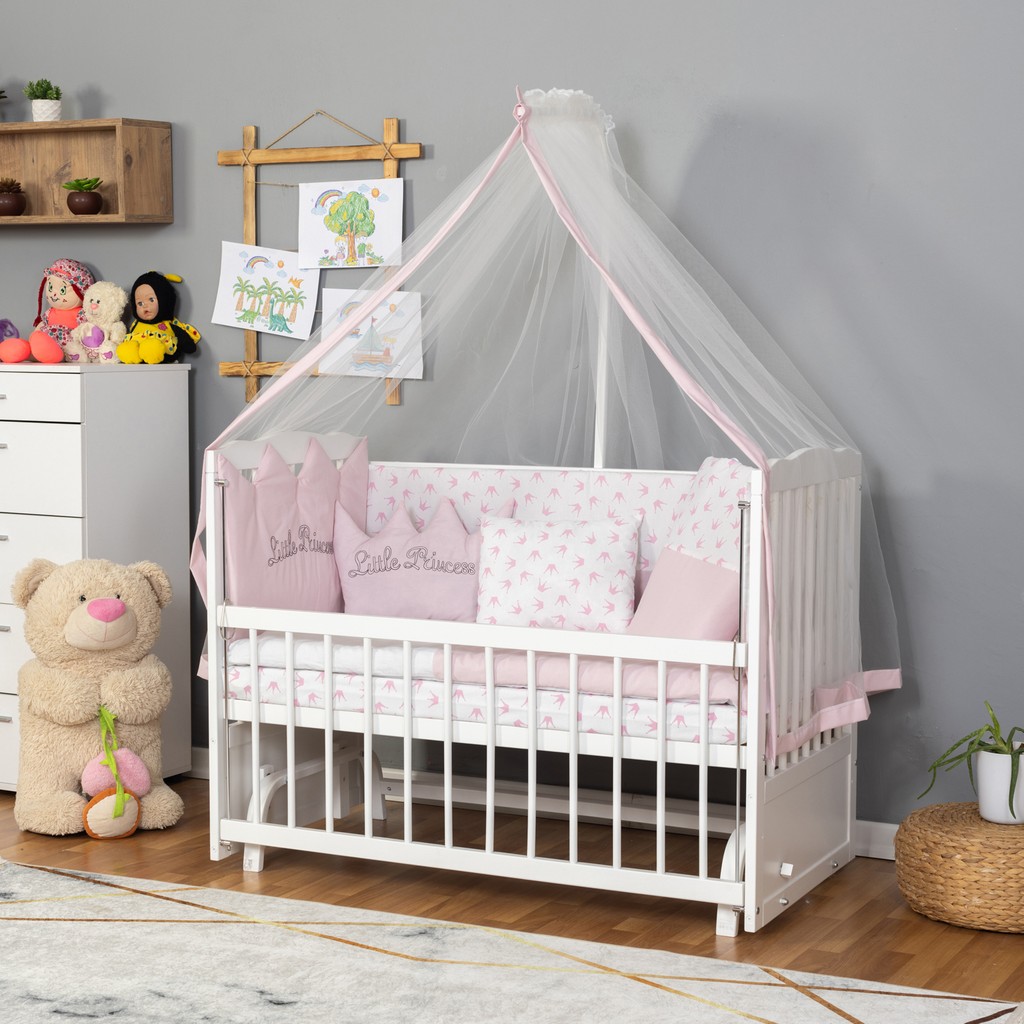 Bamgidoo Ahşap Lake Beyaz Renk Anne Yanı Beşik 3 Kademeli Sallanan Ahşap Beşik 60 x 120 cm - Pembe Prenses Uyku Setli & Soft Yataklı Bebek Oyun Parkı & Beşikleri Fiyatı
