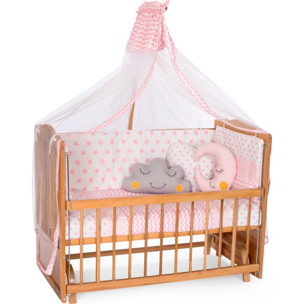 Bamgidoo Ahşap Meşe Renk Anne Yanı Beşik 3 Kademeli Sallanan Ahşap Beşik 60 x 120 cm - Pembe Yıldız Uyku Setli & Soft Yataklı Beşik Fiyatı