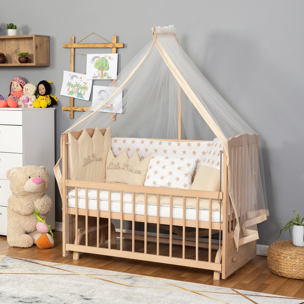 Bamgidoo Ahşap Organik Beşik Anne Yanı Beşik 3 Kademeli Lüx Bebek Beşiği 60 x 120 cm - Krem Prenses Uyku Setli & Soft Yataklı - Krem - Pembe Bebek Oyun Parkı & Beşikleri Fiyatı