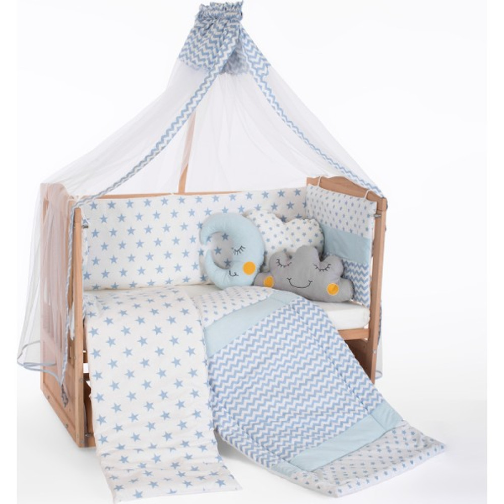 Bamgidoo Ahşap Organik Beşik Anne Yanı Beşik 3 Kademeli Lüx Bebek Beşiği 60 x 120 cm - Mavi Yıldız Uyku Setli & Soft Yataklı Beşik Fiyatı